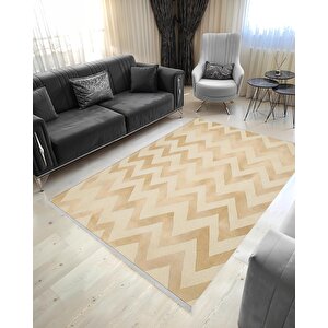 Pamuk Dokuma Taban Halı – Beige; Cream – Chevron / Zig Zag Desen, Makinede Yıkanabilir, Kolay Temizlenebilir, Toz Ve Tüy Tutmaz, Kaymaz, Evcil Hayvan Dostu 120x270 cm