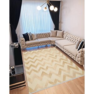 Pamuk Dokuma Taban Halı – Beige; Cream – Chevron / Zig Zag Desen, Makinede Yıkanabilir, Kolay Temizlenebilir, Toz Ve Tüy Tutmaz, Kaymaz, Evcil Hayvan Dostu 120x270 cm