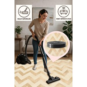 Pamuk Dokuma Taban Halı – Beige; Cream – Chevron / Zig Zag Desen, Makinede Yıkanabilir, Kolay Temizlenebilir, Toz Ve Tüy Tutmaz, Kaymaz, Evcil Hayvan Dostu