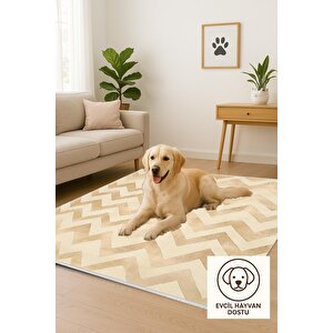 Pamuk Dokuma Taban Halı – Beige; Cream – Chevron / Zig Zag Desen, Makinede Yıkanabilir, Kolay Temizlenebilir, Toz Ve Tüy Tutmaz, Kaymaz, Evcil Hayvan Dostu