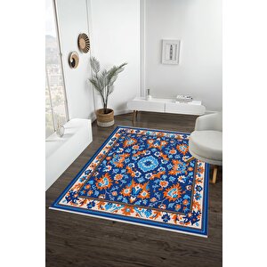Oturma Odası Halısı – Mavi; Turuncu; Beyaz – Floral Desen, Makinede Yıkanabilir, Kolay Temizlenebilir, Toz Ve Tüy Tutmaz, Kaymaz, Evcil Hayvan Dostu