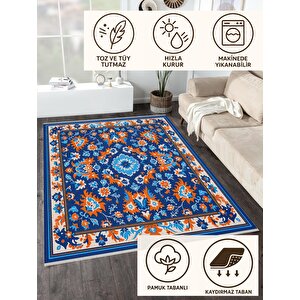 Oturma Odası Halısı – Mavi; Turuncu; Beyaz – Floral Desen, Makinede Yıkanabilir, Kolay Temizlenebilir, Toz Ve Tüy Tutmaz, Kaymaz, Evcil Hayvan Dostu