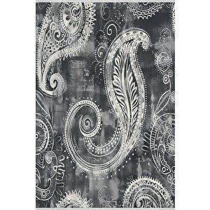 Pamuk Dokuma Taban Halı – Siyah; Beyaz; Gri – Paisley Desen, Makinede Yıkanabilir, Kolay Temizlenebilir, Toz Ve Tüy Tutmaz, Kaymaz, Evcil Hayvan Dostu 120x270 cm