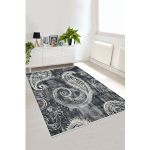 Pamuk Dokuma Taban Halı – Siyah; Beyaz; Gri – Paisley Desen, Makinede Yıkanabilir, Kolay Temizlenebilir, Toz Ve Tüy Tutmaz, Kaymaz, Evcil Hayvan Dostu 120x270 cm