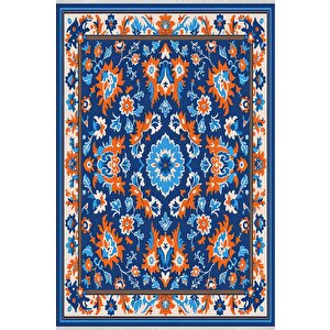 Oturma Odası Halısı – Mavi; Turuncu; Beyaz – Floral Desen, Makinede Yıkanabilir, Kolay Temizlenebilir, Toz Ve Tüy Tutmaz, Kaymaz, Evcil Hayvan Dostu