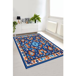 Oturma Odası Halısı – Mavi; Turuncu; Beyaz – Floral Desen, Makinede Yıkanabilir, Kolay Temizlenebilir, Toz Ve Tüy Tutmaz, Kaymaz, Evcil Hayvan Dostu