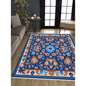 Oturma Odası Halısı – Mavi; Turuncu; Beyaz – Floral Desen, Makinede Yıkanabilir, Kolay Temizlenebilir, Toz Ve Tüy Tutmaz, Kaymaz, Evcil Hayvan Dostu