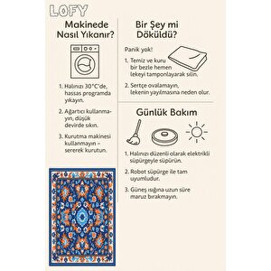 Oturma Odası Halısı – Mavi; Turuncu; Beyaz – Floral Desen, Makinede Yıkanabilir, Kolay Temizlenebilir, Toz Ve Tüy Tutmaz, Kaymaz, Evcil Hayvan Dostu