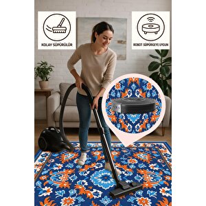 Oturma Odası Halısı – Mavi; Turuncu; Beyaz – Floral Desen, Makinede Yıkanabilir, Kolay Temizlenebilir, Toz Ve Tüy Tutmaz, Kaymaz, Evcil Hayvan Dostu
