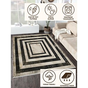 Robot Süpürgeye Uygun Halı – Pamuk Dokuma Taban Halı – Siyah; Gri; Beyaz – Geometrik Desen, Makinede Yıkanabilir, Kolay Temizlenebilir, Toz Ve Tüy Tutmaz, Kaymaz, Evcil Hayvan Dostu 80x80 cm