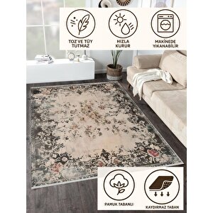 Pamuk Tabanlı Kaymaz Halı – Bej; Siyah; Kırmızı – Oriental Desen, Pamuk Dokuma Taban, Makinede Yıkanabilir, Kolay Temizlenebilir, Toz Ve Tüy Tutmaz, Kaymaz, Evcil Hayvan Dostu 80x80 cm