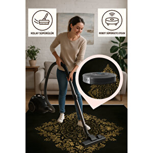 Pamuk Dokuma Taban Halı – Siyah; Altın Sarısı – Geleneksel Desen, Makinede Yıkanabilir, Kolay Temizlenebilir, Toz Ve Tüy Tutmaz, Kaymaz, Evcil Hayvan Dostu