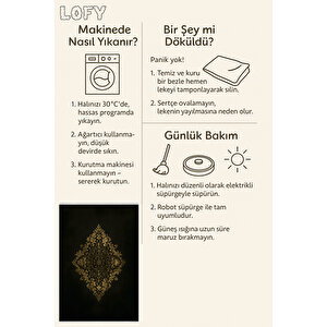 Pamuk Dokuma Taban Halı – Siyah; Altın Sarısı – Geleneksel Desen, Makinede Yıkanabilir, Kolay Temizlenebilir, Toz Ve Tüy Tutmaz, Kaymaz, Evcil Hayvan Dostu