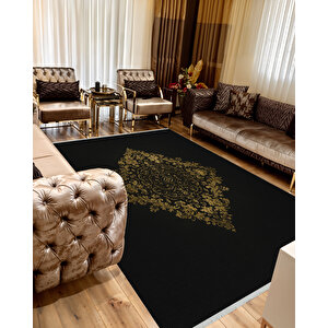 Pamuk Dokuma Taban Halı – Siyah; Altın Sarısı – Geleneksel Desen, Makinede Yıkanabilir, Kolay Temizlenebilir, Toz Ve Tüy Tutmaz, Kaymaz, Evcil Hayvan Dostu 180x270 cm