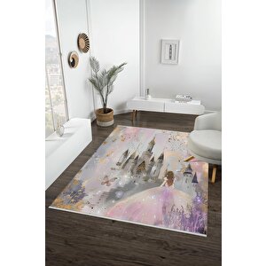 Kız Çocuk Odası Halı – Pembe; Mor; Gri – Çocuk Desen, Makinede Yıkanabilir, Kolay Temizlenebilir, Toz Ve Tüy Tutmaz, Kaymaz, Evcil Hayvan Dostu