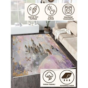 Kız Çocuk Odası Halı – Pembe; Mor; Gri – Çocuk Desen, Makinede Yıkanabilir, Kolay Temizlenebilir, Toz Ve Tüy Tutmaz, Kaymaz, Evcil Hayvan Dostu 150x300 cm