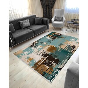 Robot Süpürgeye Uygun Halı – Pamuk Dokuma Taban Halı – Turkuaz; Kahverengi; Bej – Soyut Fırça Darbeli Tasarım, Makinede Yıkanabilir, Kolay Temizlenebilir, Toz Ve Tüy Tutmaz, Kaymaz, Evcil Hayvan Dostu