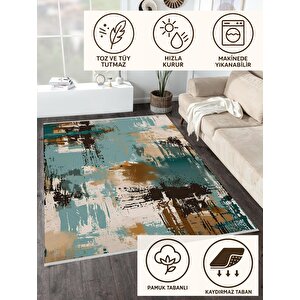 Robot Süpürgeye Uygun Halı – Pamuk Dokuma Taban Halı – Turkuaz; Kahverengi; Bej – Soyut Fırça Darbeli Tasarım, Makinede Yıkanabilir, Kolay Temizlenebilir, Toz Ve Tüy Tutmaz, Kaymaz, Evcil Hayvan Dostu