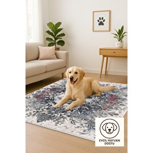 Pamuk Tabanlı Kaymaz Halı – Krem; Siyah; Gri; Kırmızı – Soyut Desen, Pamuk Dokuma Taban, Makinede Yıkanabilir, Kolay Temizlenebilir, Toz Ve Tüy Tutmaz, Kaymaz, Evcil Hayvan Dostu 80x80 cm