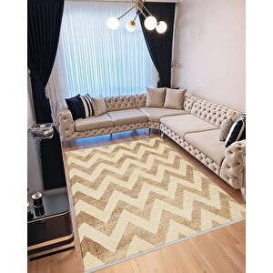 Mutfak Halısı – Bej; Kahverengi – Zigzag Desen, Makinede Yıkanabilir, Kolay Temizlenebilir, Toz Ve Tüy Tutmaz, Kaymaz, Evcil Hayvan Dostu
