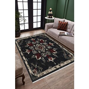 Pamuk Dokuma Taban Halı – Siyah; Krem; Kırmızı – Eskitilmiş Görünümlü Klasik Desen, Makinede Yıkanabilir, Kolay Temizlenebilir, Toz Ve Tüy Tutmaz, Kaymaz, Evcil Hayvan Dostu 80x80 cm