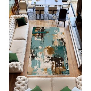 Robot Süpürgeye Uygun Halı – Pamuk Dokuma Taban Halı – Turkuaz; Kahverengi; Bej – Soyut Fırça Darbeli Tasarım, Makinede Yıkanabilir, Kolay Temizlenebilir, Toz Ve Tüy Tutmaz, Kaymaz, Evcil Hayvan Dostu