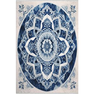 Oturma Odası Halısı – Lacivert; Krem – Mandala Desen, Makinede Yıkanabilir, Kolay Temizlenebilir, Toz Ve Tüy Tutmaz, Kaymaz, Evcil Hayvan Dostu