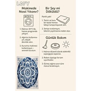 Oturma Odası Halısı – Lacivert; Krem – Mandala Desen, Makinede Yıkanabilir, Kolay Temizlenebilir, Toz Ve Tüy Tutmaz, Kaymaz, Evcil Hayvan Dostu