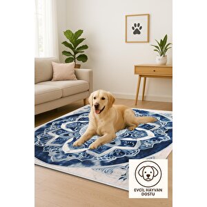 Oturma Odası Halısı – Lacivert; Krem – Mandala Desen, Makinede Yıkanabilir, Kolay Temizlenebilir, Toz Ve Tüy Tutmaz, Kaymaz, Evcil Hayvan Dostu 100x180 cm