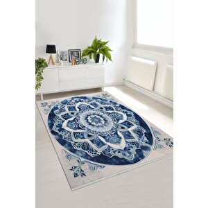 Oturma Odası Halısı – Lacivert; Krem – Mandala Desen, Makinede Yıkanabilir, Kolay Temizlenebilir, Toz Ve Tüy Tutmaz, Kaymaz, Evcil Hayvan Dostu