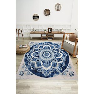 Oturma Odası Halısı – Lacivert; Krem – Mandala Desen, Makinede Yıkanabilir, Kolay Temizlenebilir, Toz Ve Tüy Tutmaz, Kaymaz, Evcil Hayvan Dostu