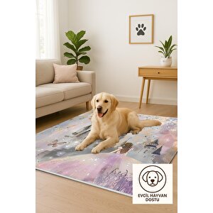 Kız Çocuk Odası Halı – Pembe; Mor; Gri – Çocuk Desen, Makinede Yıkanabilir, Kolay Temizlenebilir, Toz Ve Tüy Tutmaz, Kaymaz, Evcil Hayvan Dostu