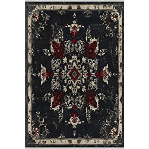 Pamuk Dokuma Taban Halı – Siyah; Krem; Kırmızı – Eskitilmiş Görünümlü Klasik Desen, Makinede Yıkanabilir, Kolay Temizlenebilir, Toz Ve Tüy Tutmaz, Kaymaz, Evcil Hayvan Dostu 150x150 cm