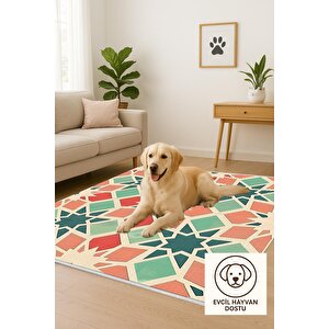 Pamuk Dokuma Taban Halı – Green; Red; Orange; Cream – Geometric Desen, Makinede Yıkanabilir, Kolay Temizlenebilir, Toz Ve Tüy Tutmaz, Kaymaz, Evcil Hayvan Dostu