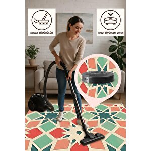 Pamuk Dokuma Taban Halı – Green; Red; Orange; Cream – Geometric Desen, Makinede Yıkanabilir, Kolay Temizlenebilir, Toz Ve Tüy Tutmaz, Kaymaz, Evcil Hayvan Dostu