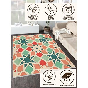 Pamuk Dokuma Taban Halı – Green; Red; Orange; Cream – Geometric Desen, Makinede Yıkanabilir, Kolay Temizlenebilir, Toz Ve Tüy Tutmaz, Kaymaz, Evcil Hayvan Dostu