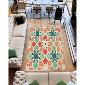 Pamuk Dokuma Taban Halı – Green; Red; Orange; Cream – Geometric Desen, Makinede Yıkanabilir, Kolay Temizlenebilir, Toz Ve Tüy Tutmaz, Kaymaz, Evcil Hayvan Dostu