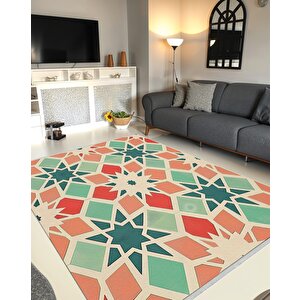 Pamuk Dokuma Taban Halı – Green; Red; Orange; Cream – Geometric Desen, Makinede Yıkanabilir, Kolay Temizlenebilir, Toz Ve Tüy Tutmaz, Kaymaz, Evcil Hayvan Dostu
