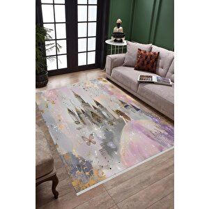 Kız Çocuk Odası Halı – Pembe; Mor; Gri – Çocuk Desen, Makinede Yıkanabilir, Kolay Temizlenebilir, Toz Ve Tüy Tutmaz, Kaymaz, Evcil Hayvan Dostu