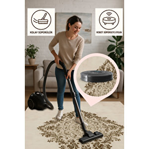 Pamuk Dokuma Taban Halı – Bej; Altın Sarısı – Geleneksel Desen, Makinede Yıkanabilir, Kolay Temizlenebilir, Toz Ve Tüy Tutmaz, Kaymaz, Evcil Hayvan Dostu