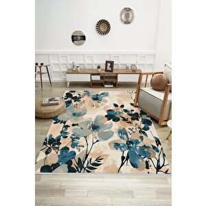 Oturma Odası Halısı – Bej; Mavi – Çiçekli Desen, Makinede Yıkanabilir, Kolay Temizlenebilir, Toz Ve Tüy Tutmaz, Kaymaz, Evcil Hayvan Dostu