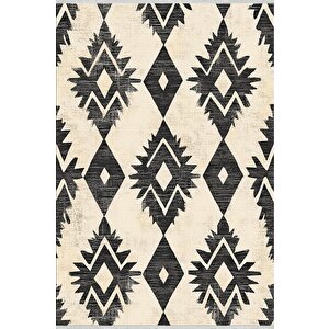 Pamuk Dokuma Taban Halı – Siyah; Krem – Etnik Desen, Makinede Yıkanabilir, Kolay Temizlenebilir, Toz Ve Tüy Tutmaz, Kaymaz, Evcil Hayvan Dostu 160x350 cm