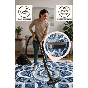 Oturma Odası Halısı – Lacivert; Krem – Mandala Desen, Makinede Yıkanabilir, Kolay Temizlenebilir, Toz Ve Tüy Tutmaz, Kaymaz, Evcil Hayvan Dostu