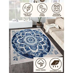 Oturma Odası Halısı – Lacivert; Krem – Mandala Desen, Makinede Yıkanabilir, Kolay Temizlenebilir, Toz Ve Tüy Tutmaz, Kaymaz, Evcil Hayvan Dostu