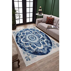 Oturma Odası Halısı – Lacivert; Krem – Mandala Desen, Makinede Yıkanabilir, Kolay Temizlenebilir, Toz Ve Tüy Tutmaz, Kaymaz, Evcil Hayvan Dostu
