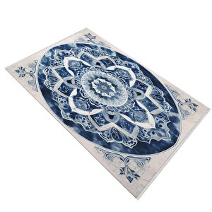 Oturma Odası Halısı – Lacivert; Krem – Mandala Desen, Makinede Yıkanabilir, Kolay Temizlenebilir, Toz Ve Tüy Tutmaz, Kaymaz, Evcil Hayvan Dostu