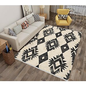 Pamuk Dokuma Taban Halı – Siyah; Krem – Etnik Desen, Makinede Yıkanabilir, Kolay Temizlenebilir, Toz Ve Tüy Tutmaz, Kaymaz, Evcil Hayvan Dostu