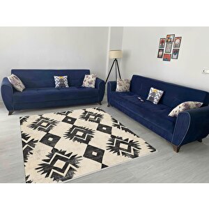 Pamuk Dokuma Taban Halı – Siyah; Krem – Etnik Desen, Makinede Yıkanabilir, Kolay Temizlenebilir, Toz Ve Tüy Tutmaz, Kaymaz, Evcil Hayvan Dostu