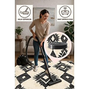 Pamuk Dokuma Taban Halı – Siyah; Krem – Etnik Desen, Makinede Yıkanabilir, Kolay Temizlenebilir, Toz Ve Tüy Tutmaz, Kaymaz, Evcil Hayvan Dostu