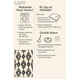 Pamuk Dokuma Taban Halı – Siyah; Krem – Etnik Desen, Makinede Yıkanabilir, Kolay Temizlenebilir, Toz Ve Tüy Tutmaz, Kaymaz, Evcil Hayvan Dostu
